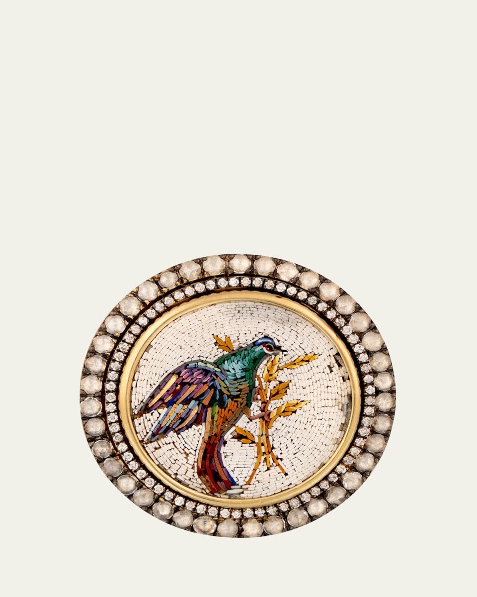 18K Yellow Gold Round Micro Mosaic Ring with Bird Motif and Diamonds